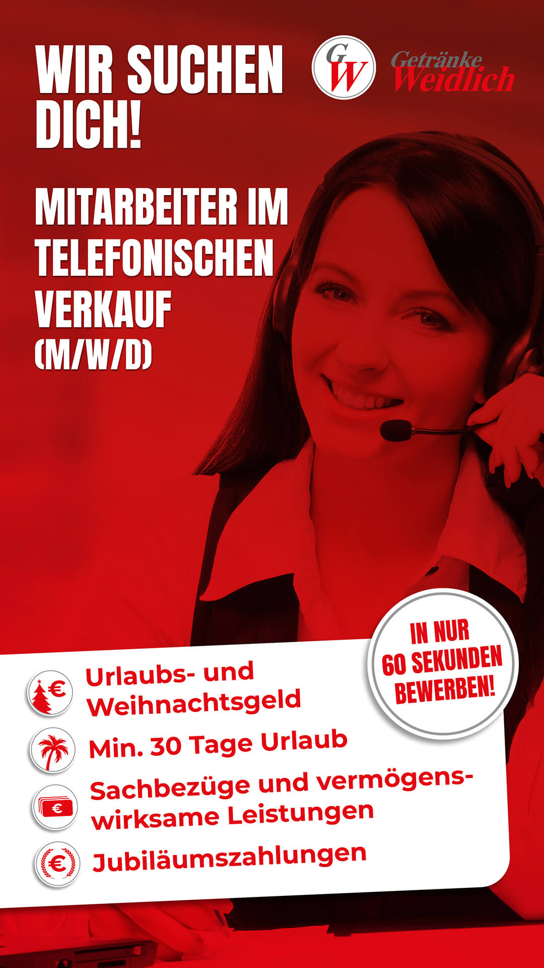Digital Recruiting Creative des Kunden "Getränke Weidlich". Für die Stelle des Mitarbeiters im telefonischen Verkaufs.