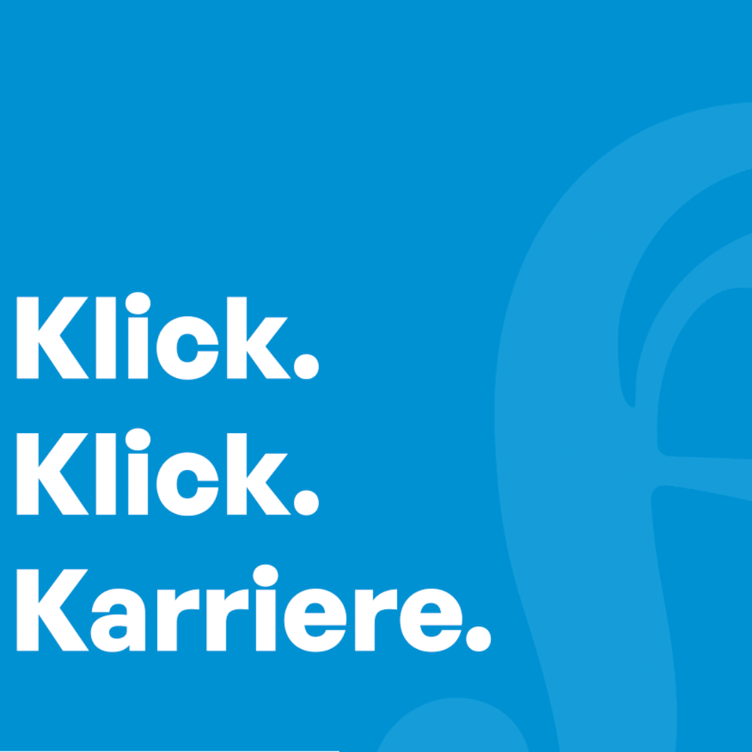 Blauer Hintergrund mit Auszug aus dem Logo des Kölner Stadtanzeigers, Text 'Klick. Klick. Karriere.'