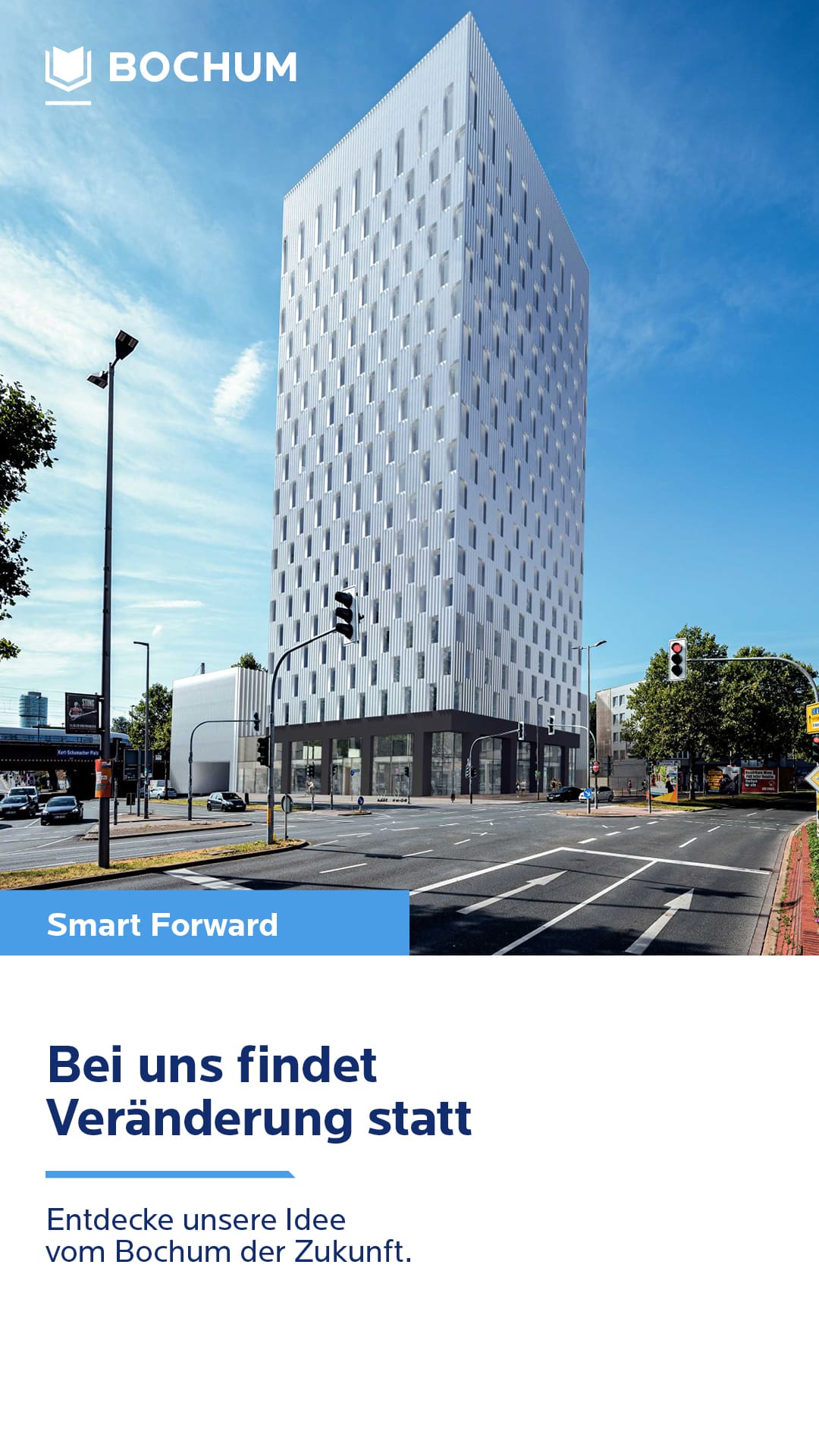 Modernes Hochhaus in städtischer Umgebung, Text "Bei uns findet Veränderung statt", Bochum