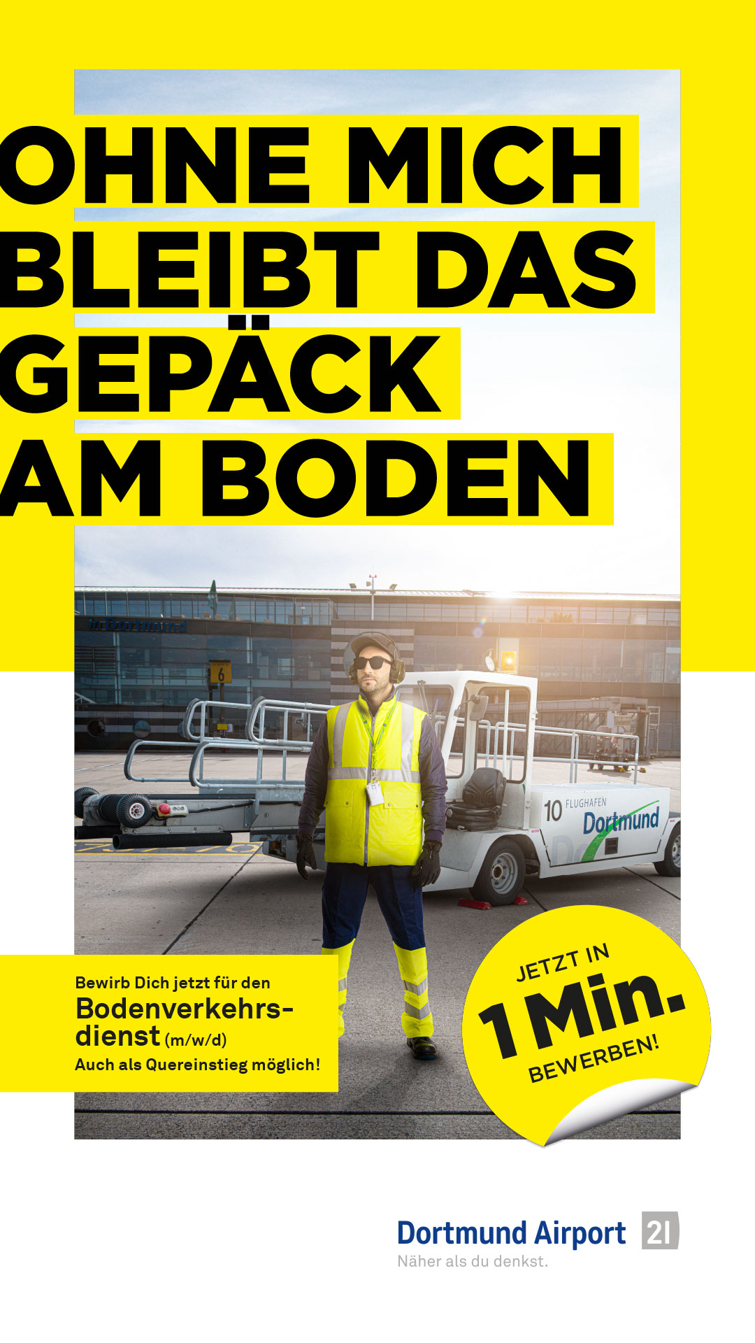 Stellenanzeige für Bodenverkehrsdienst, Mitarbeiter vor Flugzeug, Text "Ohne mich bleibt das Gepäck am Boden", Dortmund Airport