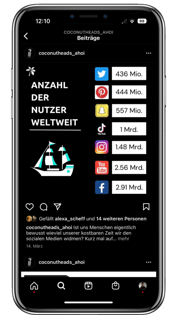 Screenshot eines Instagram-Posts über die Nutzerzahlen von sozialen Netzwerken, inklusive Likes und App-Navigationselementen.
