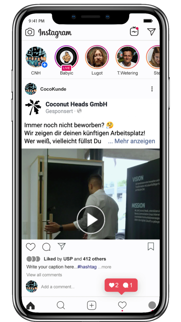 Screenshot eines Instagram-Posts von Coconut Heads GmbH mit einem Play-Symbol, das auf ein Video hinweist. Text im Bild lädt zur Bewerbung ein und zeigt einen Blick in einen Büroraum mit Motto-Wänden