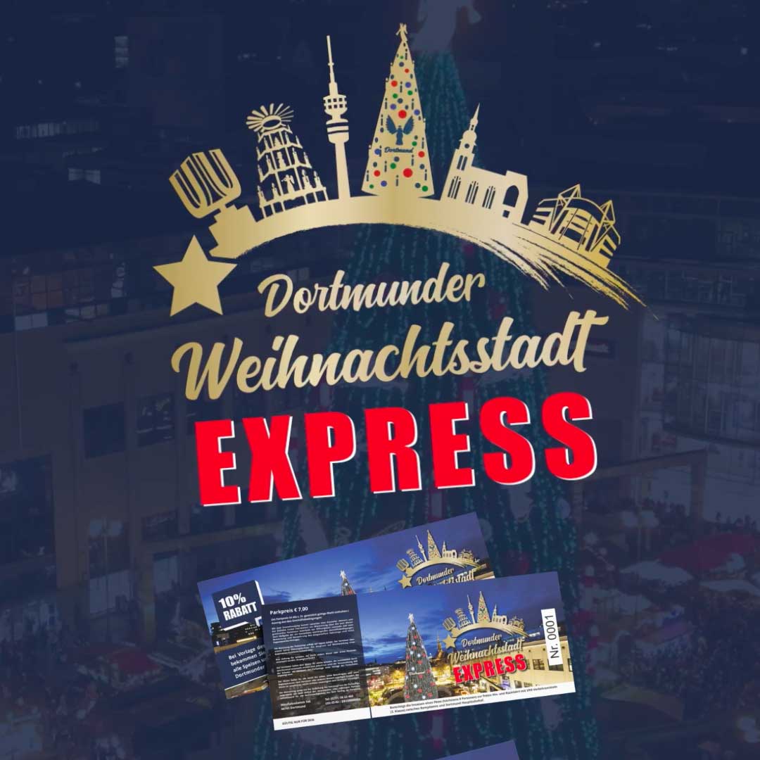 Dortmunder Weihanchtsstadt Express Logo, Hintergrund Stadt mit Weihnachtsbaum, Tickets